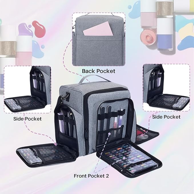 Nail Polish Organizer Holds 60 Bottles and a Nail Lamp,Portable Travel Case with 2 Removable Bags and Tools Storage Pockets Grey