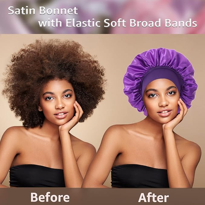 2 Pack Satin Silk Hair Bonnet for Sleeping Women, Sleep Bonnets for Women, Wide Soft Band Large Sleep Cap for Curly Hair Braids