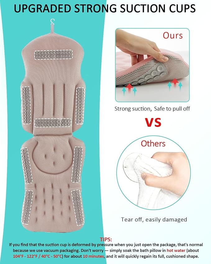 Full Body Bath Pillow for Bathtub, 5D Thick Tub Pillow for Bathtub with 192 Non-Slip Suction Cups, Laundry Bag & Hook, Bathtub Pillow for Head, Neck & Back Support (Pink, 51"*15")