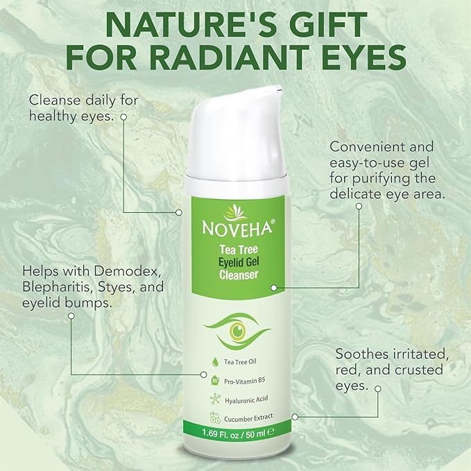 NOVEHA Tea Tree Eyelid Gel Cleanser - for Blepharitis, MGD, and Dry Eye with Pro-Vitamin B5, Hyaluronic Acid, and Cucumber Extract - Gentle Cleansing, Soothes Itchy Eyelid and Burning Eyes - 3PK-50mL