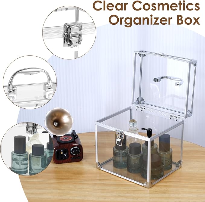 Makeup Box,Clear Cosmetic Case with Latches and Handle Large Capacity Toiletry Organizer Box Travel Makeup Tools for Vanity Bathroom Counter Dresser(silver)
