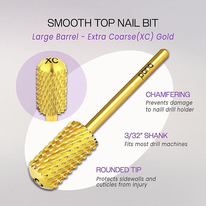 PANA 3/32" Large Barrel Smooth Top Gold Carbide Nail Drill Bit for Manicure, Pedicure and Acrylics (Grit: Extra Coarse - XC, 1pc)