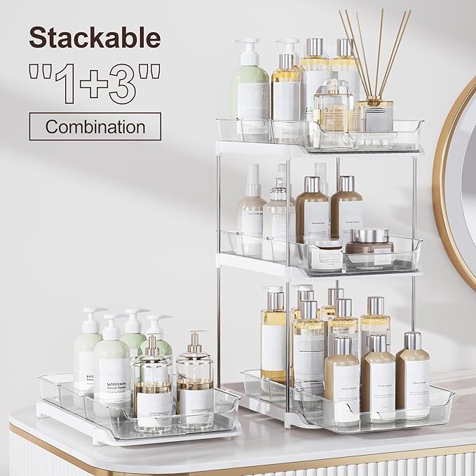Delamu 2-Tier Multi-Purpose Bathroom Under Sink Organizers and Storage, Stackable Kitchen Pantry Organization, Pull Out Medicine Cabinet Organizer with Movable Dividers, White, 2 Pack