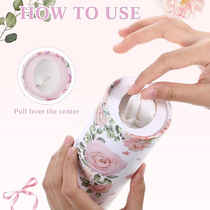 Ctosree 300 Sheets Spring Car Tissues Holder with Facial Tissues 3-ply Travel Tissue Tubes 6pk Floral Cylinder Box Container Fit for Car Cup Holder Office Decoration, 7.1 Inch(Champagne,White)