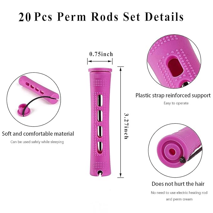 20Pcs Women's Perm Rods Set for Natural Hair Purple Cold Wave Hair Rollers for Curling and Styling All Hair Lengths - DIY Hairdressing Tools