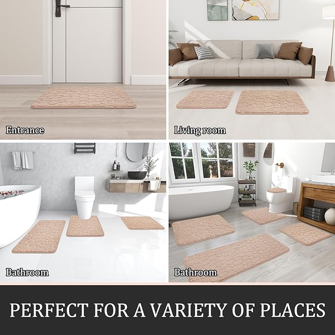YIHOUSE Bathroom Rugs Mat Set 5 Piece Khaki, Memory Foam Bath Mats Sets, Non Slip Water Absorbent Washable Bath Rugs for Sink, Toilet and Floor
