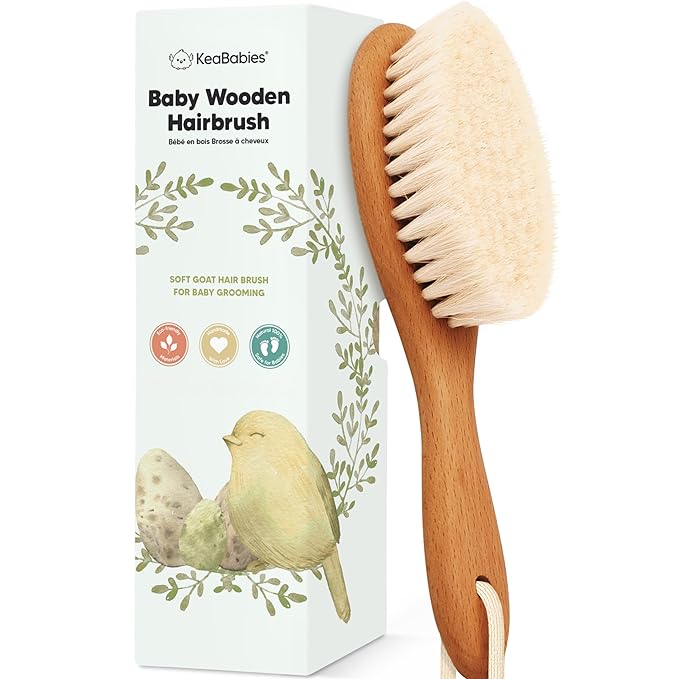 Wooden Baby Hair Brush - Cradle Cap Baby Brush with Soft Goat Bristles, Perfect Gentle Scalp Newborn Comb for Infant, Girls, Boys, Bath Essentials (Golden Oak, Regular)