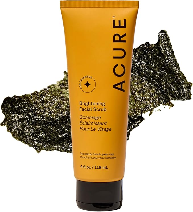 Acure Brightening Facial Scrub - Exfoliating Face Wash, Gentle Daily Scrubber & Exfoliator for Women & Men for Radiant Skin, Cleansing Wash with Sea Kelp & French Green Clay - 4 fl oz