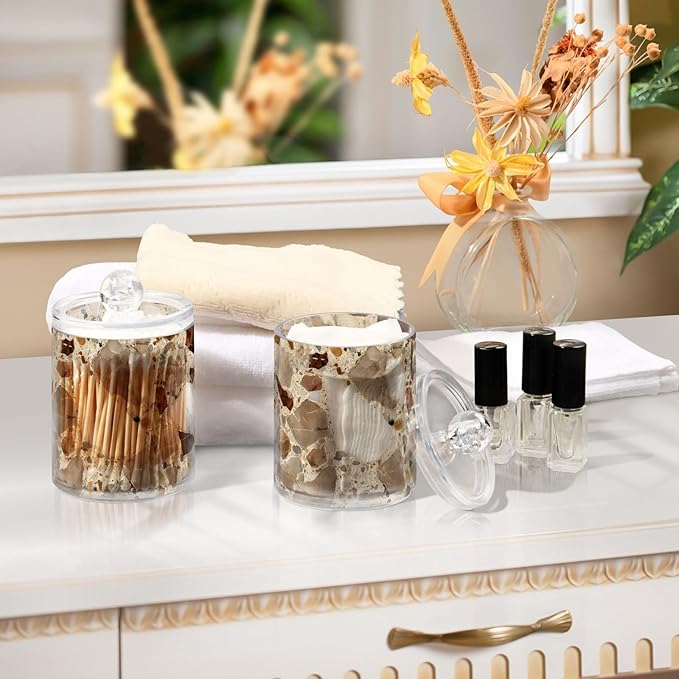 2 Pack Beige and Brown Marble Print Apothecary Jars with Lid, 10 Oz Clear Plastic Apothecary Jar Set Qtip Holder Storage Containers for Cotton Ball Swabs Bathroom Vanity