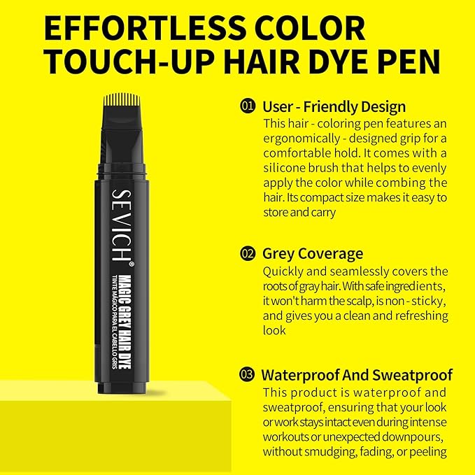 SEVICH Grey Hair Dye Pen, Root Touch Up Stick – Use for Grey Hair Coverage, Natural Plant Extracts, Easy toApply, Waterproof & Sweatproof,Suitable for Both Men and Women(Black)