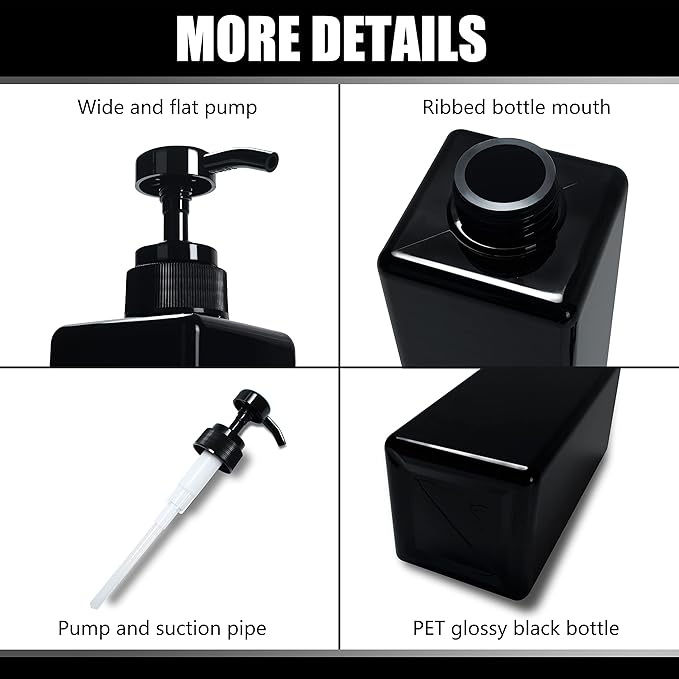 Black Shampoo Dispenser with Pump,YACEYACE 16.9oz Set of 3 Shampoo Bottles with Labels, Empty Refillable Shampoo and Conditioner Bottles, Body Wash Dispenser for Shower, Soap Dispenser Shower