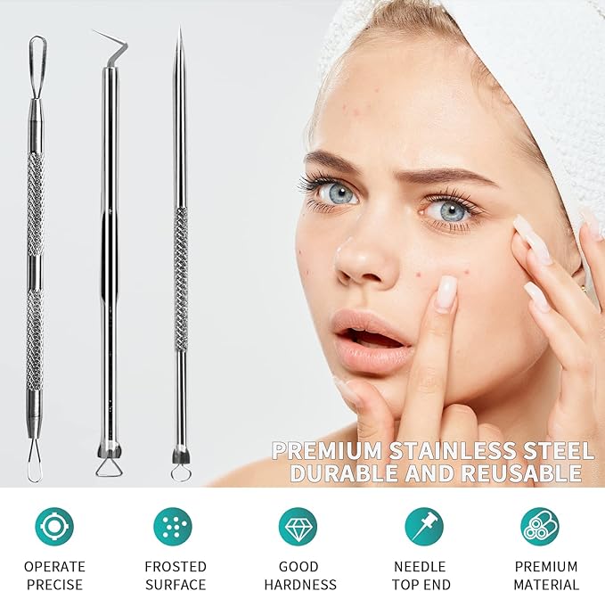 WSYUB Pimple Popper Tool, Stainless Steel Pimple Extractor, WSYUB Blackhead Tweezers, Comedones Extractor Acne Removal Kit for Blemish, Whitehead Popping