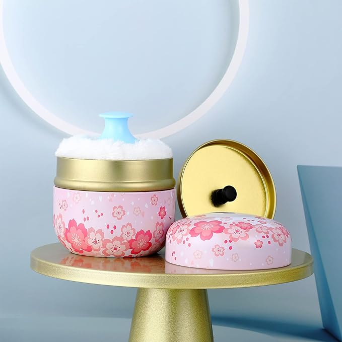 Body Powder Case with Powder Puff Powder Container Tea Canister for Baby and Adult Body Talcum Powder Tea Box (Pink Flower)