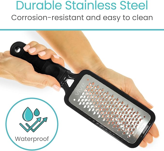 Vive Foot File (3 Pack) - Feet Scraper for Dead Skin - Heel Grater, Callus Remover Scrubber Tool, Rasp for Cracked Heels - Stainless Steel Pedicure Filer for Men & Women - Use on Wet or Dry Skin