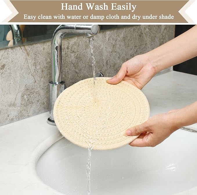 SHACOS 8 Inches Trivets for Hot Dishes, 4 Pieces Cotton Trivets Mats for Kitchen with Storage Basket, Hot Pads for Countertops and Table, Heat-Resistant Pot Holders for Hot Pots and Pans