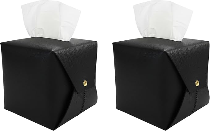 Tissue Box Cover Square, Leather Tissue Holder Organizer with Side Openings for Bathroom, Vanity, Tabletop, Office (2Pack-Black)