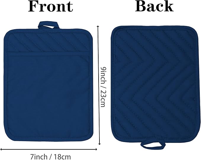 Cotton Pocket Pot Holders Machine Washable Heat Resistant Hot Pads for Kitchen Square Blue Oven Mitts 7"x9" Set of 3