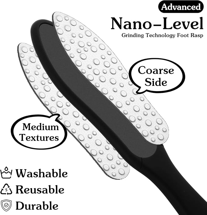 Foot Files Callus Remover Stainless Steel Foot Rasp and Dual Double-Sided Long Handle Foot Scrubber for Dead Skin Foot File Callus Remover, Black
