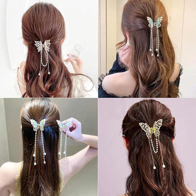 3 Pieces Butterfly Hair Claw Clip Butterfly Tassel Hair Clips Rhinestone Metal Exquisite Hair Clips Non Slip Hair Clamps Hair Styling Accessories for Women Girls
