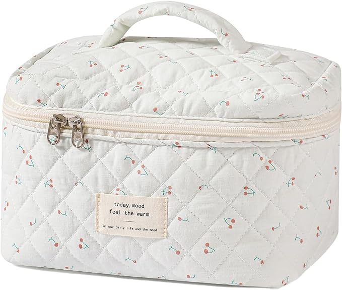 uekeboag Large Travel Quilted Makeup Bag for Women, Floral Cotton Cosmetic Bag, Coquette Aesthetic Floral Toiletry Organizer Bag