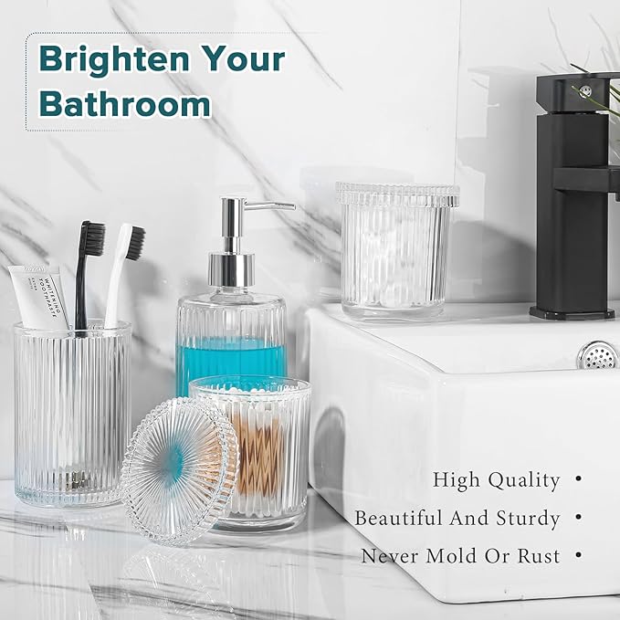 Bathroom Accessories Set, 4 Pack Clear Glass Bath Accessory Sets Complete, Ribbed Soap Dispenser and Toothbrush Holder Set with 2 Qtip Holders, Modern Sliver Bathroom Counter Decor