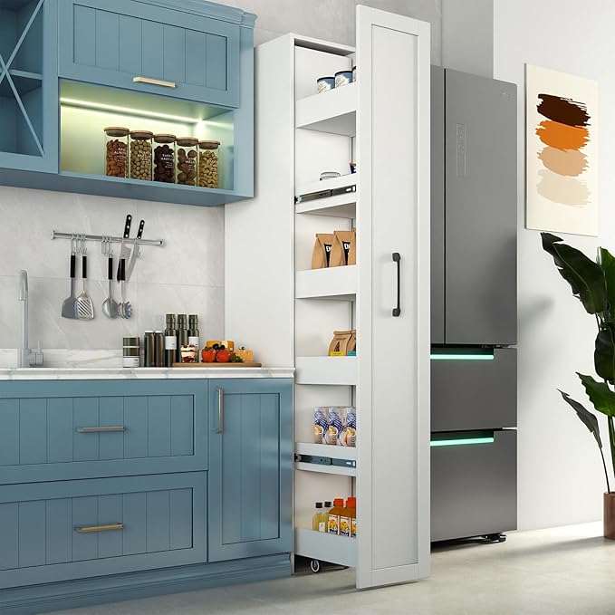 JOYSOURCE Tall Narrow Pull-Out Storage Shelf with Wheels 6-Tier Slim Rolling Storage Next to Fridge Spice Rack Shelves for Small Spaces, Kitchen, Laundry Room, White
