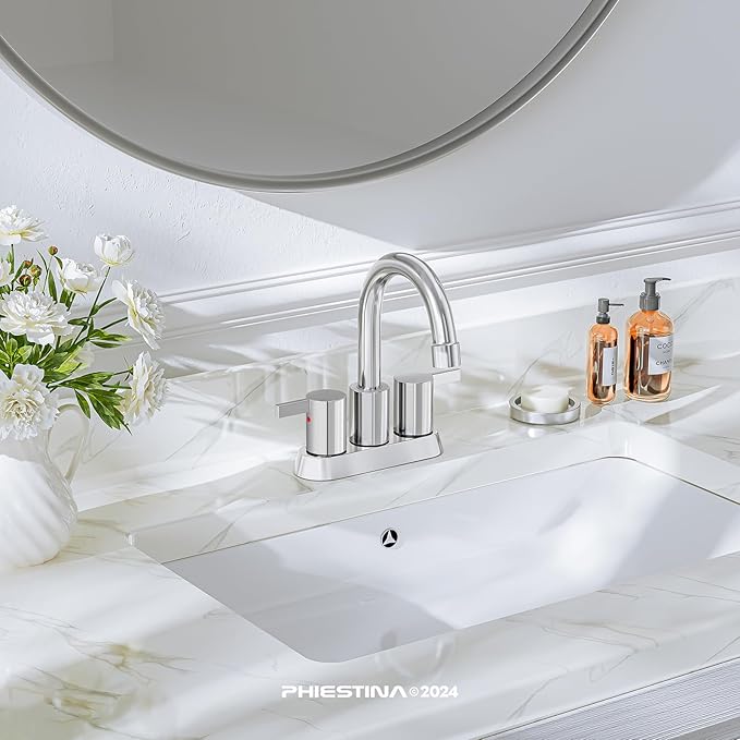 Phiestina 4 Inch Centerset 2 or 3 Holes 2 Handle Chrome Lead-Free Bathroom Faucet, Swivel Spout with Copper Pop Up Drain and 2 Water Supply Lines, BF015-1-C
