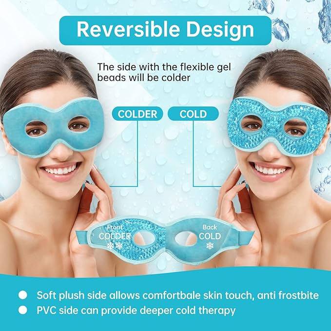 2 PCS Ice Eye Mask Reusable Ice Pack Hot/Cold Compress Gel Cooling Mask for Puffiness/Dark Circles/Headaches/Migraines/Stress Relief (Blue)
