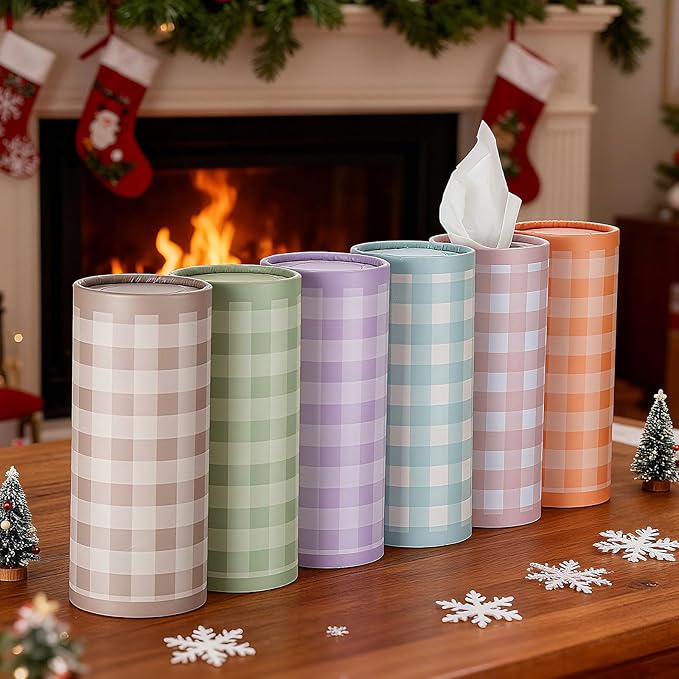 12 Pack Spring Tissue Boxes for Car Cylinder Bulk Colorful Plaid Round Cylinder Holder with 3 Ply Facial Tissues for Spring Easter Travel Bathroom Office Decoration Supplies