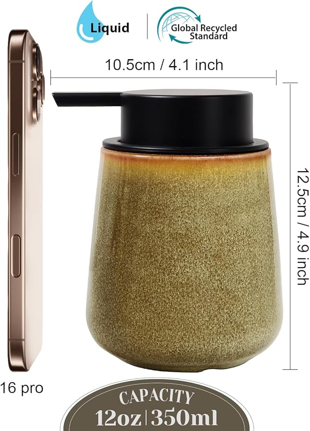 INGOFIN Ceramic Lotion Dispenser - 12 oz Refillable Hand Soap Dispenser Bathroom, Modern Liquid Soap Dispenser with Pump, Dish Dispenser for Kitchen,Kiln-Glazed Earthy Greenish-Brown