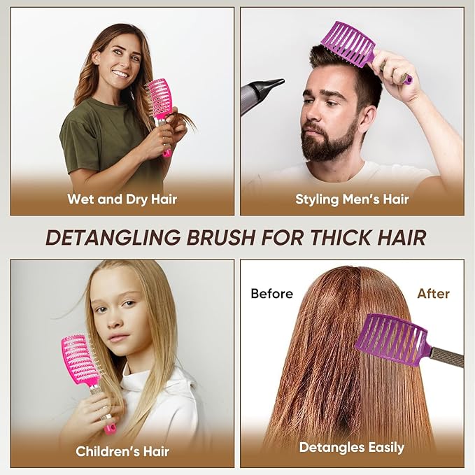 2 Pack Curved Vented Detangling Brush for Wet and Dry Hair, Paddle Styling Hair Brush for Faster Blow Drying, Detangler Brush for Women Men Curly Thick Hair