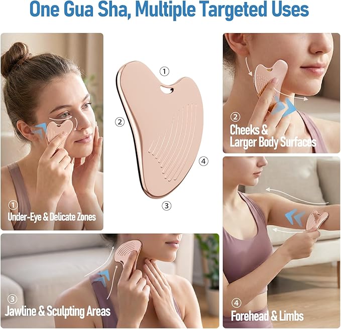 Gua Sha Facial Tools & Face Roller Set, Stainless Steel Facial Massager Tools for Lymphatic Drainage & Face Sculpting, Textured Guasha for Better Grip, Double Chin Reducer, Skincare Gift(RoseGold)