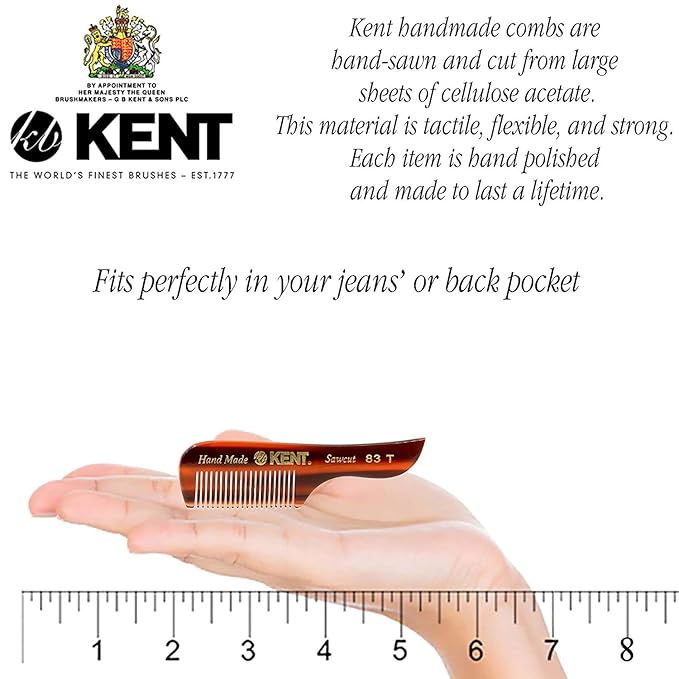 Kent 83T Small Gentleman's Beard and Mustache Pocket Comb, Fine Toothed Travel Size for Facial Hair Grooming and Styling. Saw-cut of Quality Cellulose Acetate, Hand Polished. Hand-Made in England