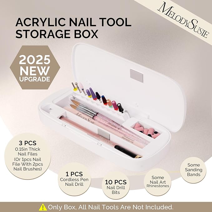 MelodySusie Acrylic Nail Tool Storage Box, Portable Dustproof Stand Displayer Holder Organizer Container Manicure Efile Accessories Nail Drill Kit Case, Travel Salon Home, White(Only Box)
