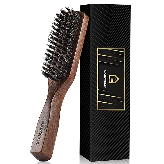 GAINWELL Mens Wild Boar Bristle Hair Brush for Men, Slick Back Hair Brush with Stiff Bristles for Thick Hair, Natural Black Walnut Wooden Handle Hairbrush, Beard Mustache Brush Comb