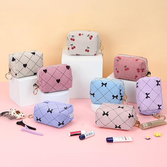 Mini Makeup Bag, Corduroy Small Cosmetic Bag for Purse with Ring Buckle, Cherry Travel Makeup Pouch for Lipsticks, Chapsticks, Coin, Earphone, Credit Card (Beige)