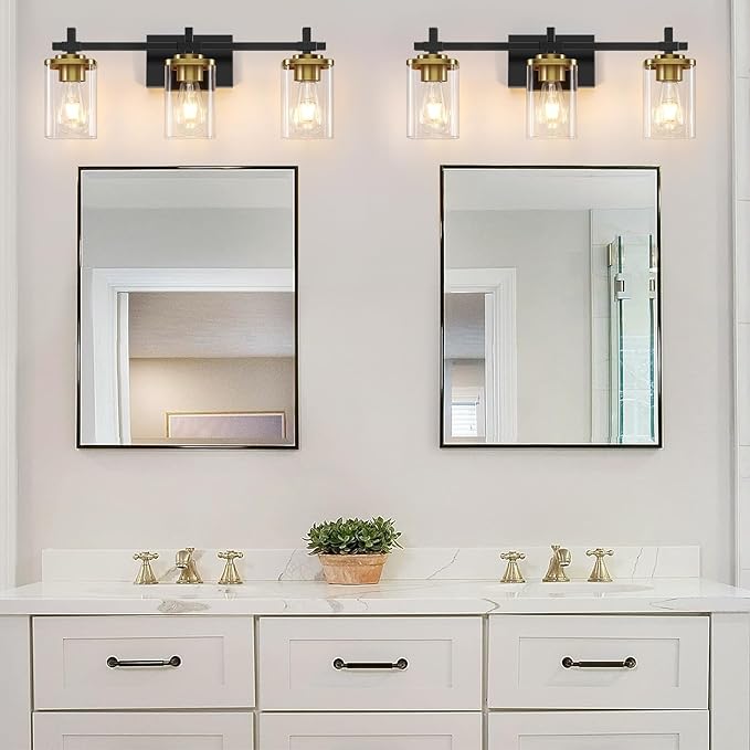 3-Lights Black and Gold Bathroom Light Fixtures Over Mirror, Modern Brushed Gold Vanity Lights for Bathroom, Sconces Wall Lighting with Square Glass Shade for Mirror Bedroom Hallway
