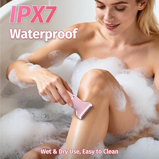 Bikini Trimmer for Women,5-in-1 Electric Razors for Women,Electric Shaver for Women's,IPX7 Waterproof Trimmer for Men Legs,with 5 Replaceable Blade Heads,USB Recharge Dock（Pink）
