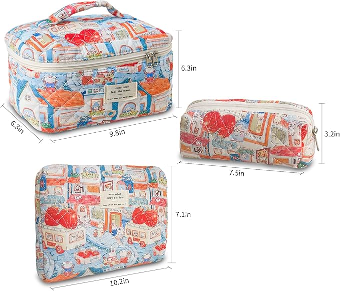 3Pcs Cotton Quilted Makeup Bag Large Travel Cosmetic Bag Coquette Makeup Pouch Cute Aesthetic Floral Toiletry Bag for Women Girls