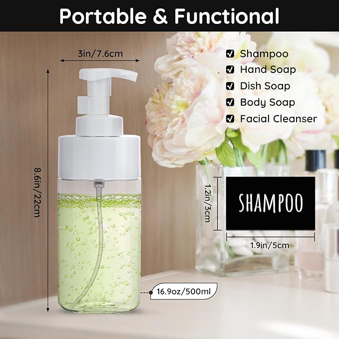 Segbeauty Foaming Soap Dispenser, 4 Packs 16.9oz Clear Plastic Foaming Pump Bottle Containers, 500ml Empty Refillable Foam Hand Soap Lotion Dispenser Set with Waterproof Labels for Bathroom Kitchen