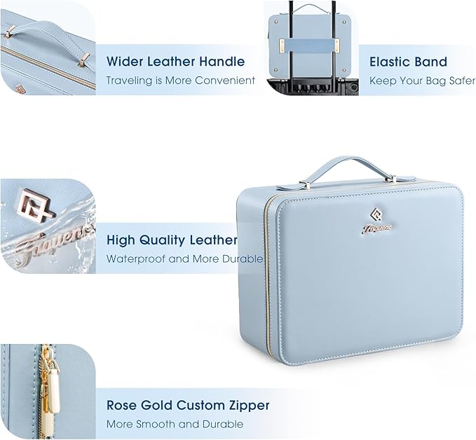 Leather Makeup Case with LED Lighted Mirror 11.4 Inch Travel Makeup Bag Adjustable Brightness in 3 Colors Cosmetic Organizer Artist Storage Bag with Dividers Brush Holder Bag Vanity Blue