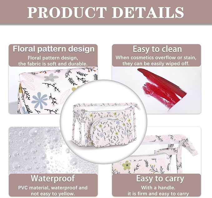 Richeart Makeup Bag, Clear Bag with Zipper, 3PC Floral Flowers Makeup Pouch, Waterproof Small Pouch, Portable Travel Toiletry Bag, D