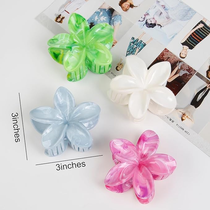 Large Hawaiian Flower Hair Claw Clips for Women, 4Pcs Tropical Plumeria Hair Clips for Thick and Thin Hair, Strong Hold Marble Texture Nonslip Beach Hair Claw Clips Summer Hair Accessories Gift