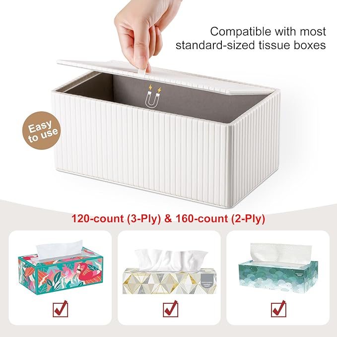 KINGFOM PU Leather Tissue Box Cover Rectangular Tissue Box Holder with Magnetic Bottom, Napkin & Facial Tissue Holder Dispenser for Home, Office for Standard 120-count/160-count (2-Ply) White Stripe
