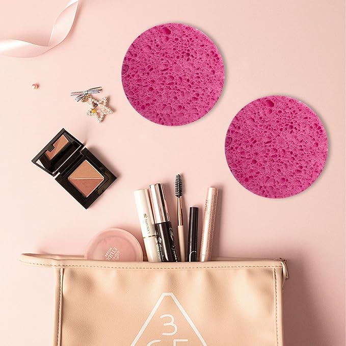 50-Count Large Compressed Facial Sponges for Estheticians,Daily Cleansing and Gentle Exfoliating- 100% Natural Cellulose Spa Sponge Perfect for Removing Dead Skin,Dirt and Makeup(Round 2.95",Pink)