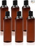 6 Pack 8 oz Amber Plastic Squeeze Bottles with Black Disc Caps Refillable Empty Travel Containers Bottles for Shampoo Conditioner Toiletries Lotions Oils BPA Free