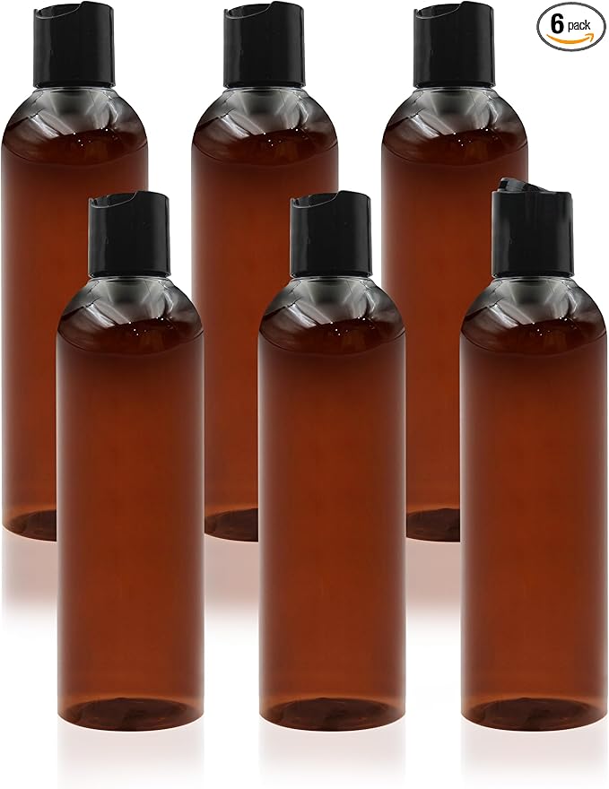 6 Pack 8 oz Amber Plastic Squeeze Bottles with Black Disc Caps Refillable Empty Travel Containers Bottles for Shampoo Conditioner Toiletries Lotions Oils BPA Free