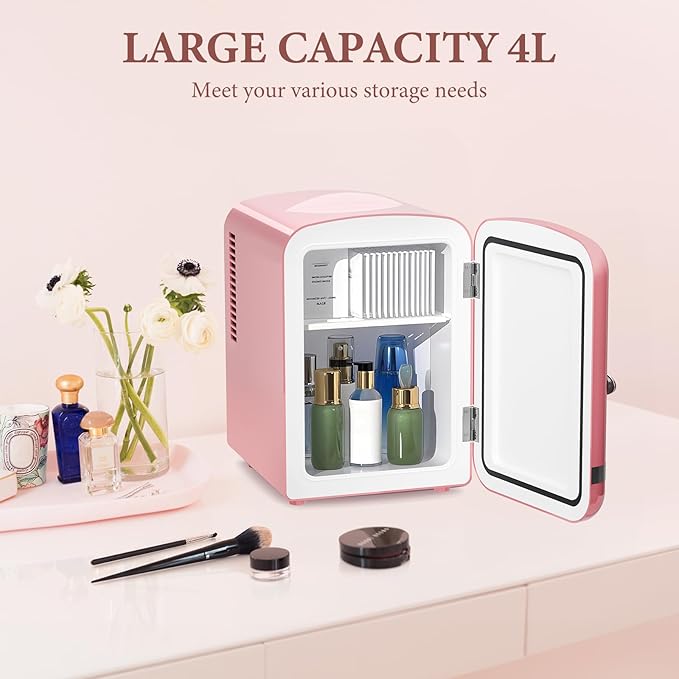 Xbeauty Retro Mini Fridge, Compact Refrigerator with 4L Capacity/6 Cans，Cooler & Warmer, Removable Shelf for Skincare, Beverages, Cosmetics, Perfect for Dorm, Bedroom, Pink