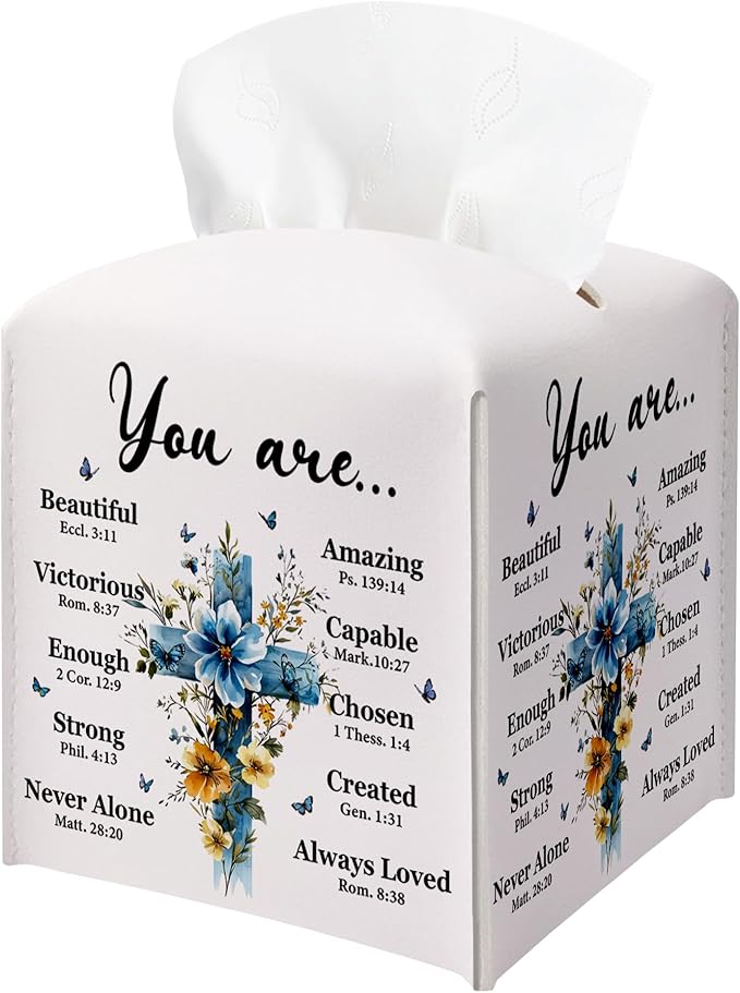 Easter Cross Tissue Box Cover, PU Leather Drawstring Bottom - God Bible Verse, Wildflower Cross Decor, Thank You, Blessing, Farewell, for Friends, Colleagues, Christians | Decorative Organizer