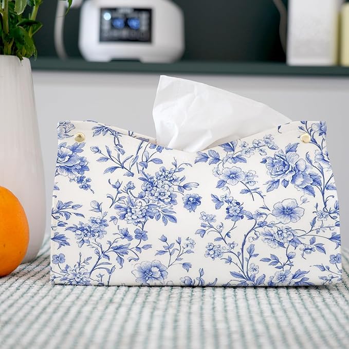 Light Blue Chinoiserie Tissue Box Cover Rectangle,Blue and White Floral Toilet Paper Box Holder,PU Leather Decorative Facial Paper Case for Bathroom Kitchen Office Desk,9.8x5.9x5.9